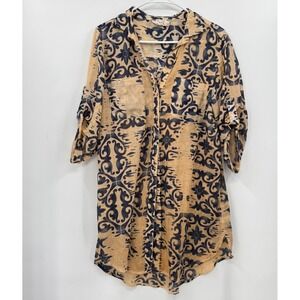 Dolma Women's Tan Blue Scroll Print Button Up Shirt Dress Tunic Midi M